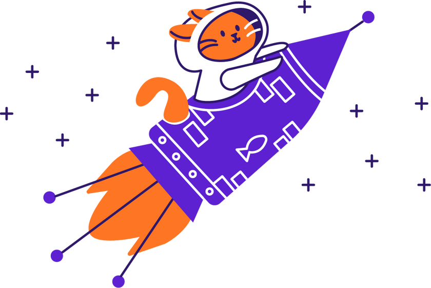 An orange cat in an astronaut suit, being shot into space on the back of a rocket- let's go!