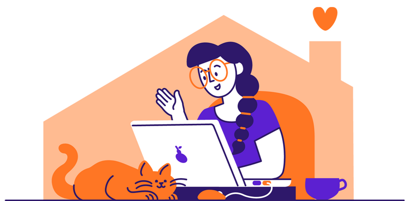 While her cat sleeps, a freelance designer is seen at home, waving hello to a client via her webcam.